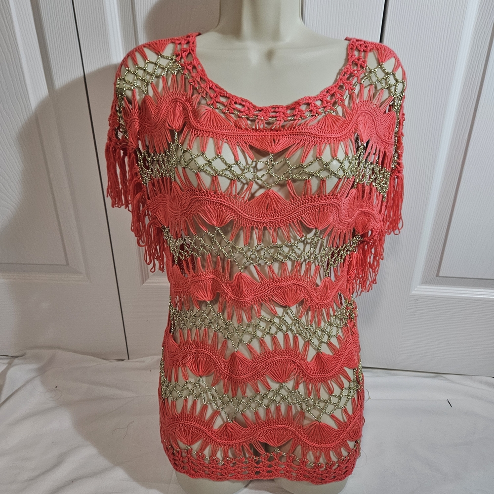 Coral and gold Crochet Women Beach Cover